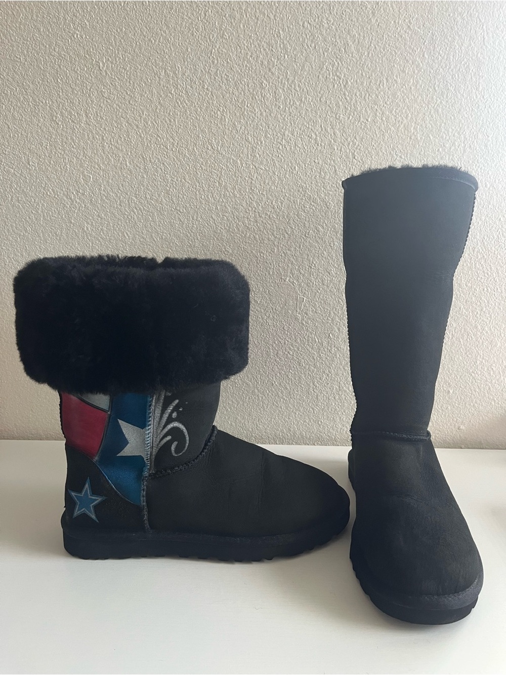 UGG Women’s Black Suede Tall Boots with Texas Flag Accent 9